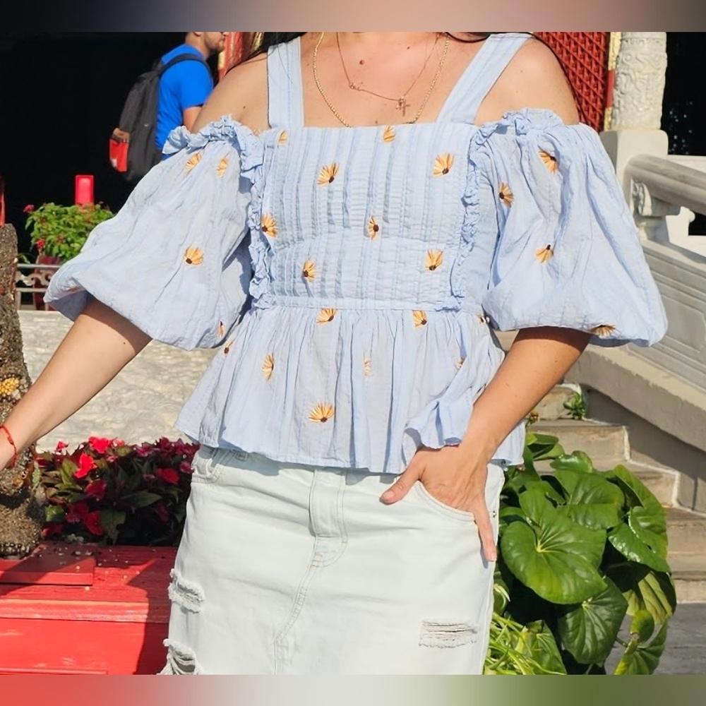 Lug Von Siga Light Blue Cotton Pleat Off Shoulder Puff Sleeve Embroidered Blouse